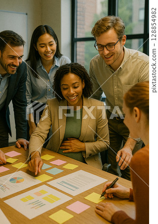 Multi-party group progress meeting discussion, cooperation regulations commercial strategy vehicle public scene 128854982