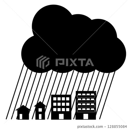 Heavy rain falling on the city silhouette icon 128855084