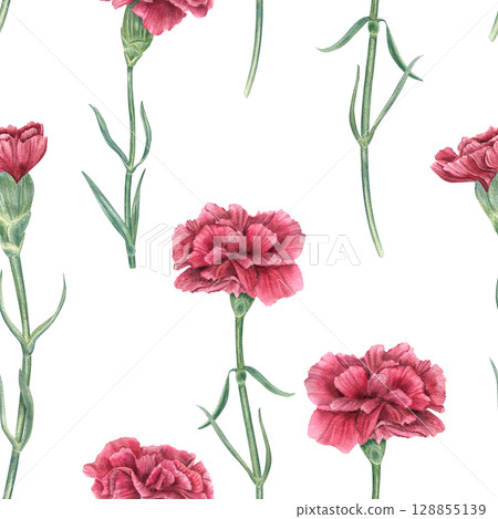 Red carnations on stems and leaves seamless watercolor pattern isolated on white background. Hand painted symbolic flowers of revolution or memories days. Ornate for textiles, banner, romantic design. Red carnations on stems and leaves seamless watercolor pattern isolated on white background. Hand painted symbolic flowers of revolution or memories days. Ornate for textiles, banner, romantic design. 128855139