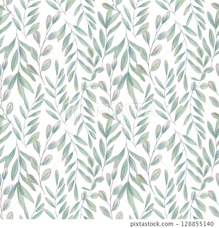 Watercolor eucalyptus or olive leaves seamless pattern isolated on white background. Blue green plants illustration. Floral ornate for wedding stationery, spa greeting cards, organic beauty packaging. Watercolor eucalyptus or olive leaves seamless pattern isolated on white background. Blue green plants illustration. Floral ornate for wedding stationery, spa greeting cards, organic beauty packaging. 128855140