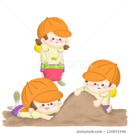 Illustration of children playing in the sandbox, making a big mountain 128855446