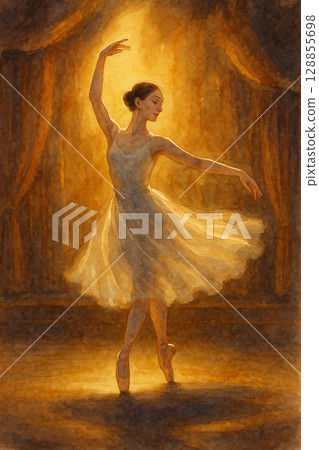 芭蕾舞者在舞台燈光中旋轉　柔光中綻放的優雅與力量 128855698