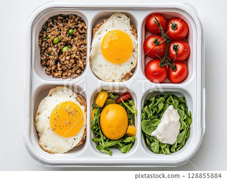 Healthy meal prep with eggs, grains, and fresh vegetables in container 128855884