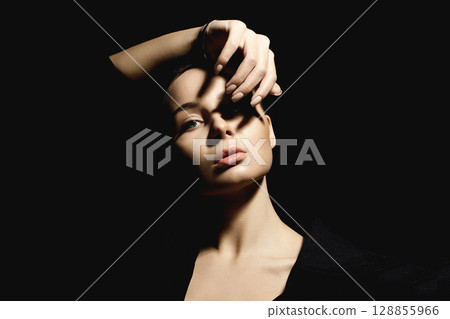 sensual posing young beautiful woman in dark. Pretty Girl. shadow on face sensual posing young beautiful woman in dark. Pretty Girl. shadow on face 128855966