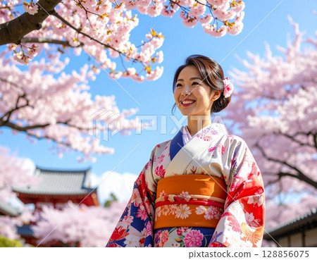 Kimono women and cherry blossoms 128856075