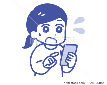 一位年輕女子難以看清她的智慧型手機(上半身,線條畫) 一位年輕女子難以看清她的智慧型手機(上半身,線條畫) 128856084