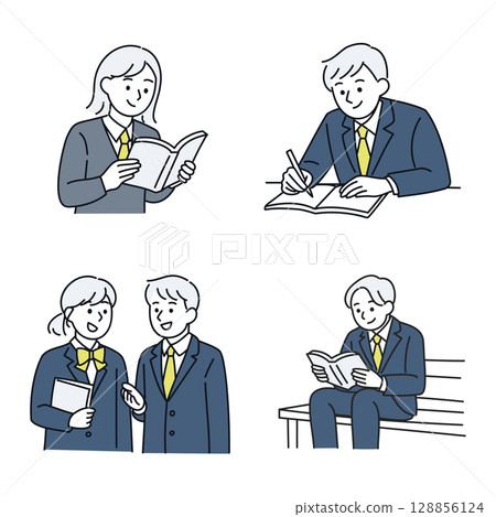 Illustration set of students reading, talking, and studying 128856124