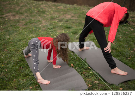 Engaging in playful yoga practice at the park during a sunny afternoon, a child and an adult explore various poses on neatly arranged mats Engaging in playful yoga practice at the park during a sunny afternoon, a child and an adult explore various poses on neatly arranged mats 128856227