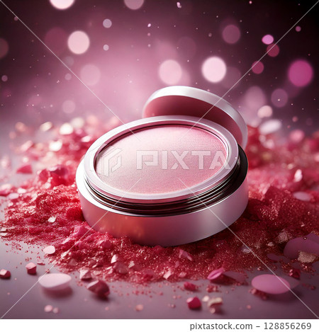 Round compact powder, surrounded by pink, studio lighting. AI Generated. Round compact powder, surrounded by pink, studio lighting. AI Generated. 128856269
