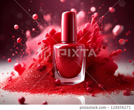 Red nail polish powder, surrounded by pink, studio lighting. AI Generated. 128856271