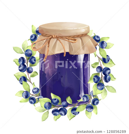 Hand-drawn Blueberry Jam Jar Illustration. Homemade Dessert. 128856289