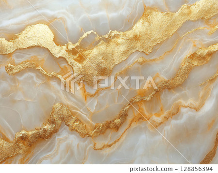 Gold acrylic abstract pattern, marble background. Top view golden tile ceramic texture. AI Generated. Gold acrylic abstract pattern, marble background. Top view golden tile ceramic texture. AI Generated. 128856394