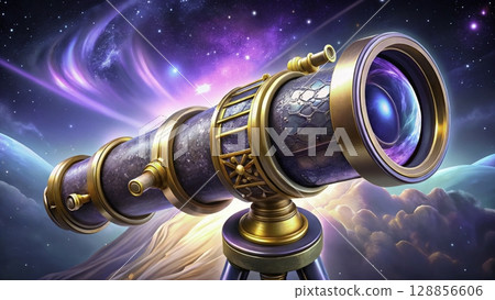 Elegant telescope gazing into a vibrant cosmic landscape with swirling galaxies and nebulae in the background 128856606