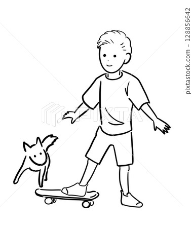 一個男孩在玩滑板，旁邊有一隻小狗在玩耍的單色插圖 128856642