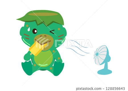 Illustration of a kappa eating ice cream in front of a fan 128856643
