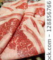 Closeup of thinly sliced raw beef, ready to be used in shabu-shabu, sukiyaki or hot pot. 128856766