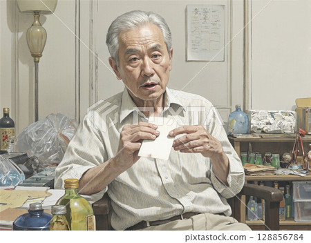 A gray-haired man with a stern expression and a preaching tone, holding a piece of paper in his hand, Severe expression, Boss 128856784