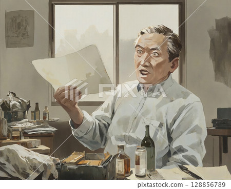 中年男子驚訝地看著一份文件水彩風格 128856789