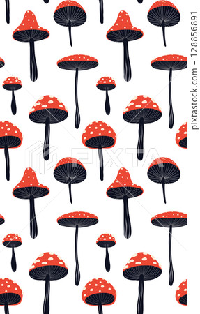 Seamless fairytale pattern with fly agarics in cartoon style on white background. Magic texture with mushrooms amanita Seamless fairytale pattern with fly agarics in cartoon style on white background. Magic texture with mushrooms amanita 128856891