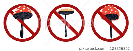 Vector collection with fly agarics with prohibitory signs. Do not touch poisonous mushrooms. Danger of poisoning. Vector collection with fly agarics with prohibitory signs. Do not touch poisonous mushrooms. Danger of poisoning. 128856892
