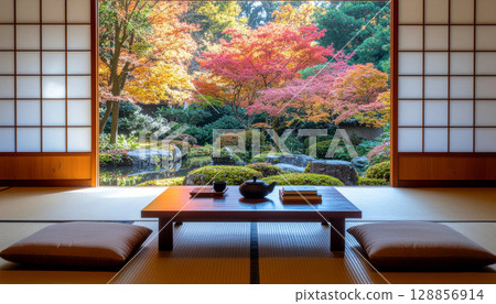日式房間和被紅葉環繞的日式花園的秋景 日式房間和被紅葉環繞的日式花園的秋景 128856914