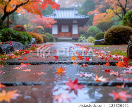 在寧靜的日本花園中,雨水浸濕的秋葉和石板路 在寧靜的日本花園中,雨水浸濕的秋葉和石板路 128856921
