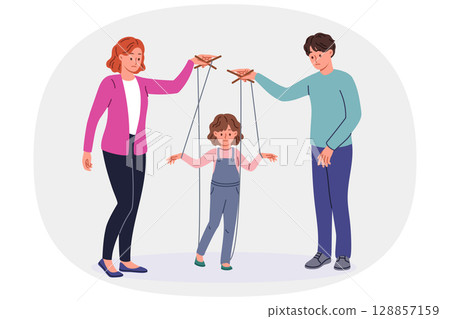 Bad parents manipulate child using strings of puppeteers to raise unhappy daughter Bad parents manipulate child using strings of puppeteers to raise unhappy daughter 128857159