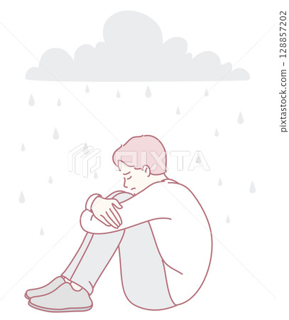 An illustration depicting a young boy who is feeling sad while sitting under a gloomy, rainy cloud An illustration depicting a young boy who is feeling sad while sitting under a gloomy, rainy cloud 128857202