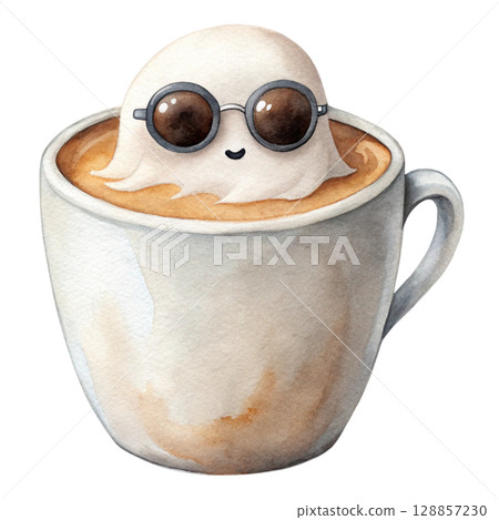 A cute little ghost wearing sunglasses sits coolly in a coffe clipart watercolor 128857230