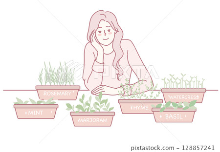 A Woman Enthusiastically Engaging with Her Indoor Herb Garden for Culinary and Aesthetic Enjoyment 128857241