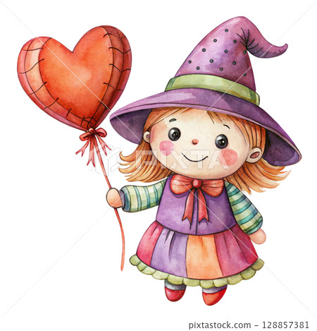 rag doll cute little witch Holding a heart balloon clipart watercolor rag doll cute little witch Holding a heart balloon clipart watercolor 128857381
