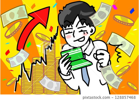 A vector illustration of a businessman who has made a lot of money through stock investment and is checking his bankbook 128857468