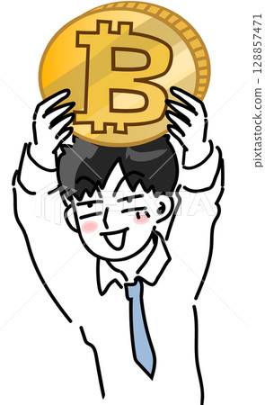 Cartoon style vector illustration of an office worker holding a virtual coin and celebrating 128857471