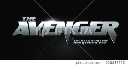 Cinematic racing font logo alphabet, bold steel sharp dynamic typescript for auto sport logotype, action headline, metallic typography, powerful typographic design, cinema poster. Vector typeset Cinematic racing font logo alphabet, bold steel sharp dynamic typescript for auto sport logotype, action headline, metallic typography, powerful typographic design, cinema poster. Vector typeset 128857552