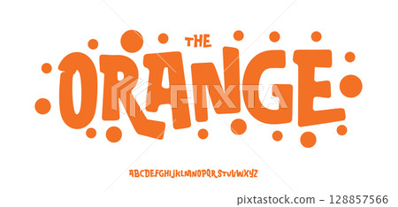Bold playful cartoon font with juicy orange shapes and funky squared rounded style. Perfect for kids branding, fruit packaging, cheerful titles, and summer visuals. Vector typeset 128857566