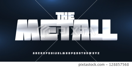 Bold metallic chrome font logo alphabet heavy industrial typographic typographic design for video game, movie title, poster, cyber techno branding, auto car service title signboard. Vector typeset Bold metallic chrome font logo alphabet heavy industrial typographic typographic design for video game, movie title, poster, cyber techno branding, auto car service title signboard. Vector typeset 128857568