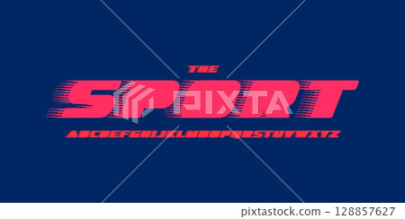 Windy thick alphabet, speed fat letters, blocky dynamic font with clean shapes, trendy maximalist typeface, headline typography, creative design identity, action sport logo monogram. Vector typeset. 128857627