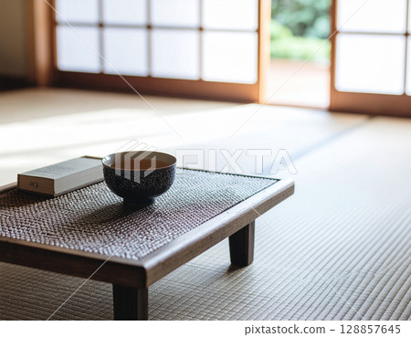 Morning in a Japanese-style room, light streaming through the tatami mats and quiet time for reading 128857645