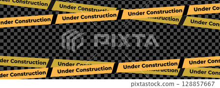 Under construction yellow warning tape safety stripe. Caution barrier stripe for safety zone, blocked area, website page, road work, site maintenance, redesign progress. Vector illustration. 128857667