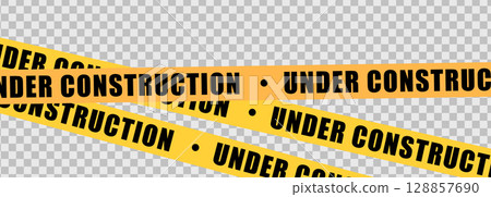 Under construction yellow warning tape safety stripe. Caution barrier stripe for safety zone, blocked area, website page, road work, site maintenance, redesign progress. Vector illustration. Under construction yellow warning tape safety stripe. Caution barrier stripe for safety zone, blocked area, website page, road work, site maintenance, redesign progress. Vector illustration. 128857690
