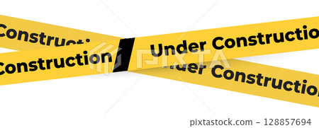 Under construction yellow warning tape safety stripe. Caution barrier stripe for safety zone, blocked area, website page, road work, site maintenance, redesign progress. Vector illustration. 128857694