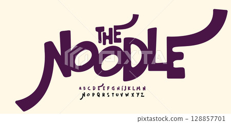 Playful noodle font logo alphabet, curly funky letters bold cartoon typeface for happy logo, bouncy headline, festive typography, joyful typographic design. Vector typeset. 128857701