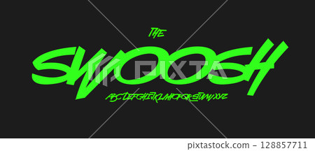 Fast script logo font alphabet, sharp italic letters, green speed lettering for street urban sport and art fest headline, dynamic typography, action typographic poster. Vector typeset. 128857711