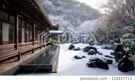 A Japanese-style garden covered in snow A Japanese-style garden covered in snow 128857713