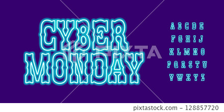 Blue neon alphabet, glowing vintage letters, bold outline font for Cyber Monday banner, tech sale sign, digital promo, discount title, Mexican headline, luminous typographic design. Vector typeset. 128857720