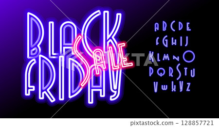 Purple neon alphabet, glowing linear letters, vibrant retro font for Black Friday banner, store ad sign, sale poster, online shopping promo. Luminous typographic design. Vector typeset Purple neon alphabet, glowing linear letters, vibrant retro font for Black Friday banner, store ad sign, sale poster, online shopping promo. Luminous typographic design. Vector typeset 128857721