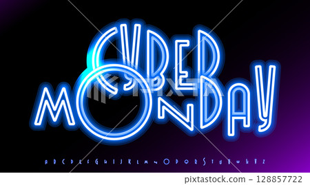 Cyber Monday Neon Text With Glowing Blue Light Style On Dark Gradient Background. Futuristic Typography Design For Shopping Promotion. Vector Illustration 128857722