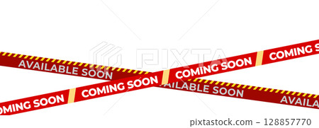Coming Soon Red Banner Tape Stripe for shop opening, sale launch, retail notice, store ad, campaign teaser, product arrival, marketing layout. Product promotional clearance. Vector Illustration. 128857770