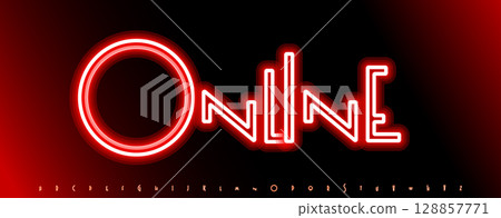 Red neon alphabet, glowing bold letters, vibrant electric font for nightlife banner, party poster, game UI, online button, digital sign, luminous typographic design. Vector typeset 128857771
