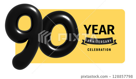 90 year anniversary celebration with bold glossy black 3D numbers on yellow background, festive mood. Corporate milestone design, event branding. Vector illustration. 90 year anniversary celebration with bold glossy black 3D numbers on yellow background, festive mood. Corporate milestone design, event branding. Vector illustration. 128857798